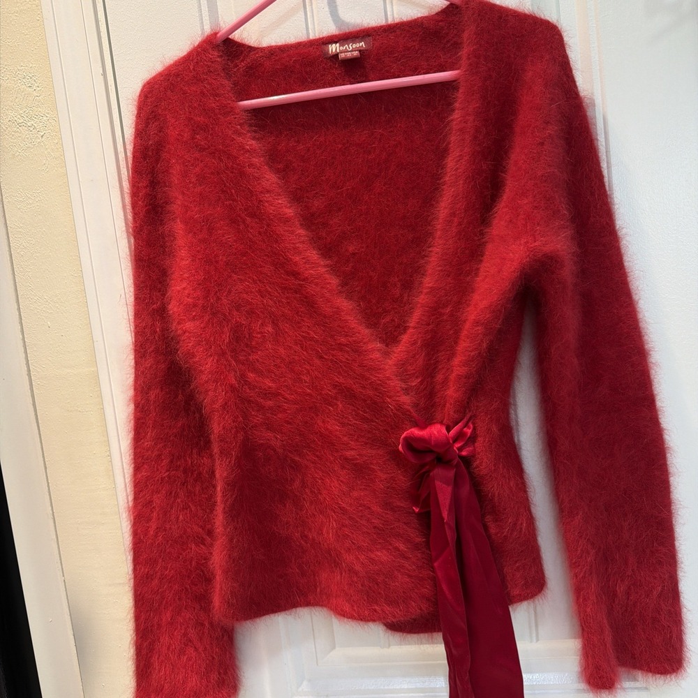 Y2K Monsoon Size 10 Red Angora Wrap Cardigan 100% Silk Tie Party Sweater 5294